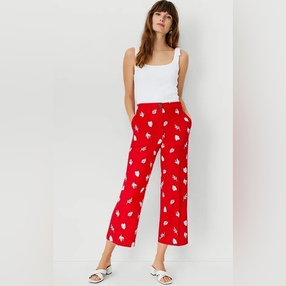 NWT Ann Taylor Linen Blend Plant Leaf Embroidered Wide Leg Crop Pant